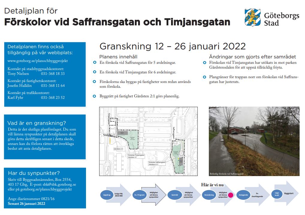 Utställningsaffish över detaljplanen för förskolor på Saffransgatan och Timjnasgatan